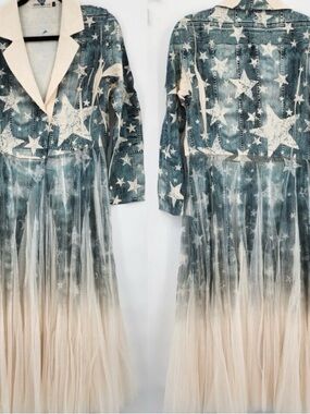 Origami Victorian Lace Star Print Sheer Longline Duster - Blue & White Size XXL.